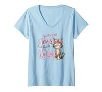 Mujer Jesus Thinks I'm A Delight Funny Christian Faith Cat Lover Camiseta Cuello V