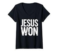 Mujer Jesus Won Mensaje Esperanza Fe Cristiana Victoria Pascua Camiseta Cuello V