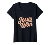 Mujer Jesus Won Retro Tipografía Fe Mensaje Cristiano Esperanza Camiseta Cuello V