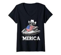 Mujer Jet Ski Jet Skiing Bandera Americana Bandana Cool Gafas de Sol Camiseta Cuello V