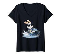 Mujer Jet Ski Jet Skiing Rabbit Easter Bunny Gafas de Sol Camiseta Cuello V