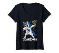 Mujer Jewnicorn Hanukkah Dabbing Unicorn Star Camiseta Cuello V