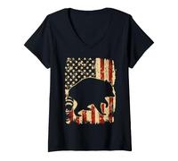 Mujer Jimothy The Raccoon Silhouette Bandera de Estados Unidos Retro Camiseta Cuello V