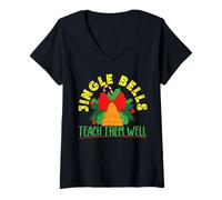 Mujer Jingle Bells Enséñales Bien el Profesor de educación Camiseta Cuello V