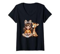 Mujer Jirafa Chica A Juego Animal Hija Traje Safari Zoo Viaje Camiseta Cuello V