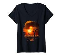 Mujer Jirafas en la cálida Sabana de África al Atardecer Camiseta Cuello V