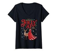 Mujer Jolly AF Christmas Retro Girl Deer Vintage Pajama Humor Camiseta Cuello V