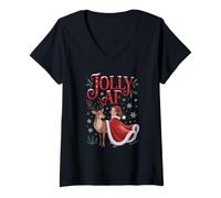 Mujer Jolly AF Christmas Retro Girl Deer Vintage Pajama Women Camiseta Cuello V