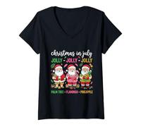Mujer Jolly Christmas in July Beach Santa Gráfico Camiseta Cuello V