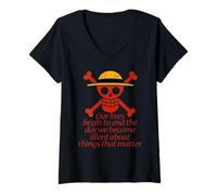 Mujer Jolly Roger. Nuestras Vidas... Cosas Que importan. Camiseta Cuello V