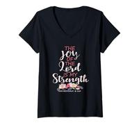 Mujer Joy of The Lord Is My Strength Escritura Christian Floral Camiseta Cuello V