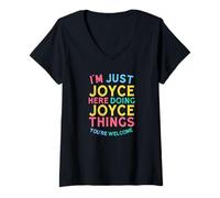Mujer Joyce está aquí Haciendo Cosas de Joyce, Divertido Nombre de Joyce Camiseta Cuello V