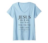 Mujer Juan 14:6 Jesús El Camino Verdad Vida Versículo de la Biblia Escritura Dios Camiseta Cuello V