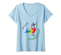 Mujer Jubileo 2025 Peregrinos de Esperanza por la Fe Viaje Camiseta Cuello V