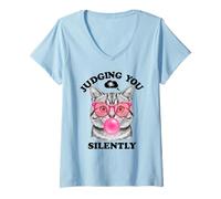 Mujer Judging You Silently Funny Cat Blowing a Bubble Gum Cat Mom Camiseta Cuello V