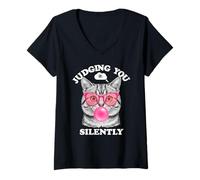 Mujer Judging You Silently Funny Cat Blowing Bubble Gum Pink Cat Camiseta Cuello V