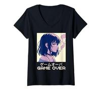 Mujer Juego de Anime Triste Japonés de los 90 para Chicas Over Vaporwave Aesthetic Camiseta Cuello V