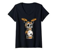 Mujer Juego de batería de Calavera Rock Music Drummer Heavy Metal Vintage Graphi Camiseta Cuello V