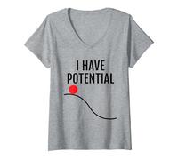 Mujer Juego de Palabras de física. Tengo energía potencial Camiseta Cuello V, Gris Jaspeado, L