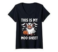 Mujer Juego de Palabras This Is My Moo Sheet para Halloween con Forma de Vaca y Fantasma Camiseta Cuello V