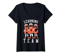 Mujer Jugador de béisbol Regreso a la Escuela Divertido Equipo de Aprendizaje ABC Camiseta Cuello V