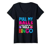 Mujer Jugador de bingo tira de mis bolas y me hace gritar bingo Camiseta Cuello V