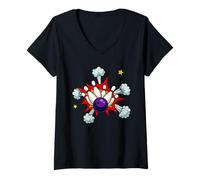 Mujer Jugador de bolos del equipo del amante de los deportes de la historieta de Camiseta Cuello V