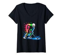 Mujer Jugador de hockey sobre hielo Colorido Sport Splash Camiseta Cuello V