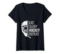 Mujer Jugador de Hockey sobre Hielo Come Dormir Hockey Repeat Hombres y jóvenes Camiseta Cuello V