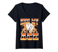 Mujer Jugador de póker Kiss My Ace, Juego de Casino al Estilo Pirata de los 90 Camiseta Cuello V