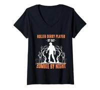 Mujer Jugador de Roller Derby por Día Zombie por la Noche Divertido Halloween Camiseta Cuello V
