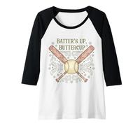 Mujer Jugador Vintage de Softball Batter Up Buttercup para niñas Camiseta Manga Raglan
