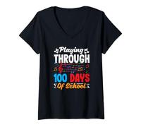 Mujer Jugando a través de 100 días de Escuela Notas Musicales Maestro Camiseta Cuello V