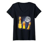 Mujer Juguete de Pollo de Goma Luna 3 Aullando a la Luna Divertido extraño Maldito Camiseta Cuello V