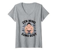 Mujer Juguetón Zen Mente, Cuerpo Sumo Luchador de Sumo de Dibujos Animados Camiseta Cuello V