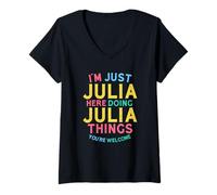 Mujer Julia está aquí Haciendo Cosas Divertidas con el Nombre de Julia Camiseta Cuello V