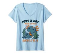 Mujer Just A Boy Who Loves Axolotls Lindo Dinosaurio salamandra Azul Camiseta Cuello V