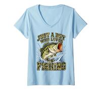 Mujer Just A Boy Who Loves Fishing Camo Bass Youth Kids Camiseta Cuello V