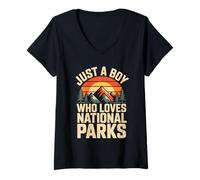 Mujer Just A Boy Who Loves National Parks Retro Sunset Camiseta Cuello V
