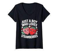 Mujer Just A Boy Who Loves Strawberries Cute Art Camiseta Cuello V