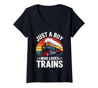 Mujer Just A Boy Who Loves Trains Retro Steam Locomotora Tren Camiseta Cuello V