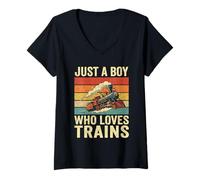 Mujer Just A Boy Who Loves Trains Vintage Steam Locomotora Camiseta Cuello V