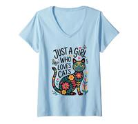 Mujer Just a Girl Who Loves Cats - Folk Art Style Kitty Camiseta Cuello V