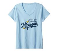 Mujer Just a Girl Who Loves Michigan Cute Michigan Camiseta Cuello V