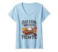 Mujer Just A Girl Who Loves Pecan Pie Otoño Acción de Gracias Camiseta Cuello V