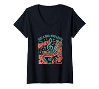 Mujer Just A Girl Who Loves Ramen y K-Pop Diseño de música Divertida Camiseta Cuello V