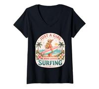 Mujer Just A Girl Who Loves Surfing Woman Surfer Cute Surfboard Camiseta Cuello V