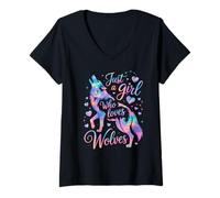 Mujer Just A Girl Who Loves Wolves Acuarela Pastel Galaxy Wolf Camiseta Cuello V