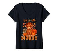 Mujer Just A Little Moody Fall Cow Acción de Gracias, Otoño, Vibras Otoñales Camiseta Cuello V