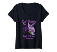 Mujer Just-Breathe Flor Pulmonar Concientización Fibrosis Quística Púrpura Camiseta Cuello V